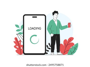 Man loading smartphone. Young guy turns on gadget or devices. Downloading files and updating operating system and software, application. Linear vector illustration isolated on white background