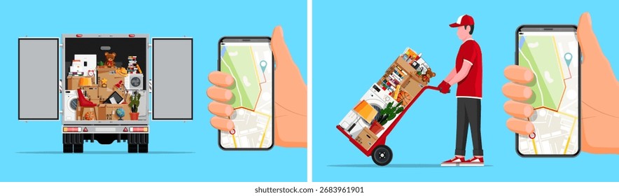 Man loading truck and carrying hand truck with boxes and household items. Moving or delivery service with mobile application.