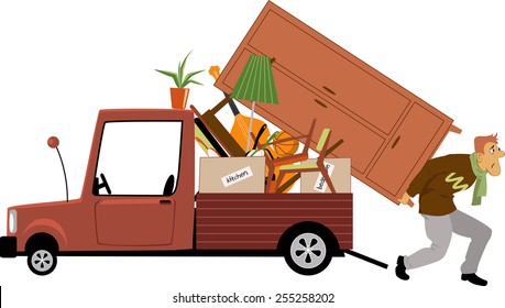 Man loading a truck with furniture, vector illustration