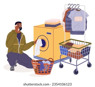 Man loading washing machine with clothes. Person putting linen into washers drum. Guy opening door of washingmachine for laundry. Male character in public laundry talking on phone. Household chores