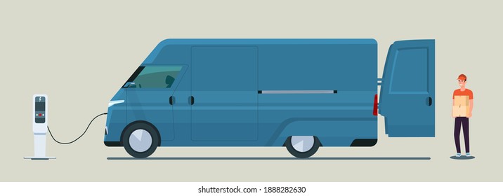 Man loads boxes in a electric cargo van. Vector flat style illustration.