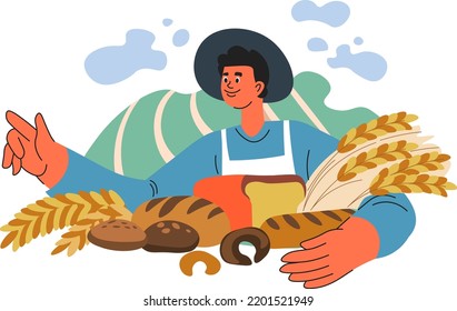 Man with loaves of bread, buns and baguettes with spikelets of wheat selling and showing handmade products. Farmer selling food on market, local business and agriculture. Vector in flat style