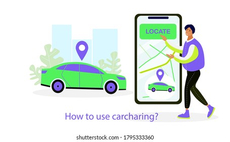 A man locating car  on map in application on smartphone.Car sharing service advertising web page template. Green bright flat design.