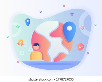 Man and location pic on map of globe background concept. Global internet concept with flat style.