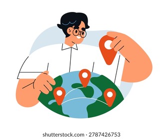 Man with location pins on globe. Business scaling, expansion concept. International global world reach with branches, targeting new markets. Flat vector illustration isolated on white background