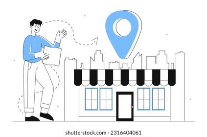 Mann mit Ortsmarkenkonzept. Junge Leute schauen sich die Adresse des Lagers an. Navigation und Logistik, Gütertransport. Online-Shopping und -Handel. Lineare flache Vektorgrafik