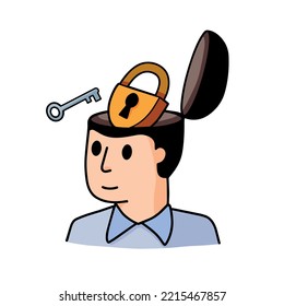 Man with lock in his head. Concept of reception of psychologist and psychiatrist. Solving mental problems, Psychotherapeutic counseling. Patient with psychological trouble