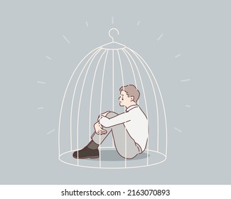 Man locked in cage. businessman needs psychological help.Hand drawn style vector design illustrations.