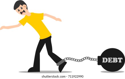 Man locked to chain with heavy weight ball. Word debt. Business and financial concept
