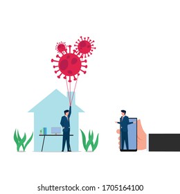 Man locked up on home with corona virus balloon and communicate with phone. Business flat vector concept illustration for Wallpaper, Banner, Background, Infographic, Book, And Web Landing Page.