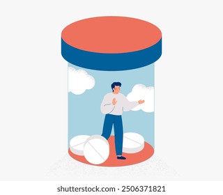 Man locked in pill jar. Depressed male in big bottle with tablets. Drug addiction, antidepressant dependence and pharmaceutical substances. Vector illustration