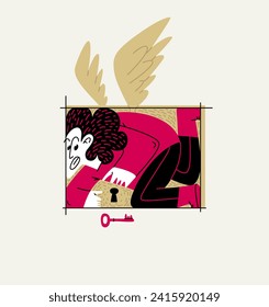 Man is locked in a rectangular frame, social and cultural restrictions concept, vector illustration of a guy in uncomfortable pose is locked in his mind barriers with imaginary wings.