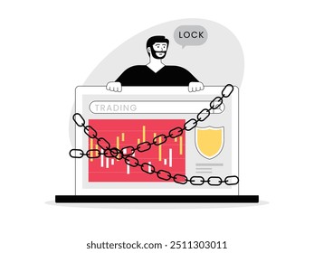 Man is locking his trading account, electronic money for investment. Design character. Vector flat illustration