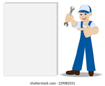 man a locksmith with a wrench in hand shows on clean banner,vector illustration