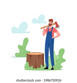 Man Logger Cutting Trees. Lumberjack Character with Axe on Shoulder in Forest. Wood Industry Worker Working. Deforestation, Cut Timberwood Job, Carbon Footprint. Cartoon People Vector Illustration