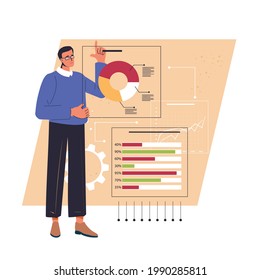 Man with logical, analytical, strategic, structural thinking. Different mental mindset types. Mind behavior, mental perceiving, psychological concept. Color flat vector illustration isolated on white.