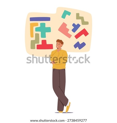 Man with logical mindset type characterized analytical, rational thinking and reason-based cognitive style to solve problems. Male with orderly puzzles float around his head vector illustration
