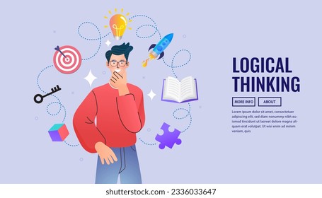 Man with logical thinking. intelligence, mental capacity, mind, Rationalism. Personality balance. Talking Methods. smart decision. marketing planning. Flat vector illustration.