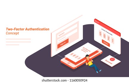 Man login access his account, confirmation code received in mobile, account successfully login after entering code. Two Factor Authentication concept.
