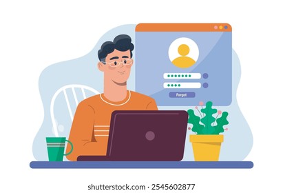 Man with login form. Young guy enter login and password. Interface at website. Safety, security and protection of personal data. Flat vector illustration isolated on white background