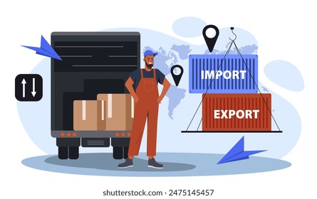 Man with logistics. Young guy stands next to van and containers with inscriptions import and export. International business and trade. Shipping and distribution. Cartoon flat vector illustration