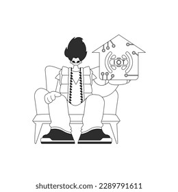 Un hombre con un logo que retrata el Internet de las Cosas, en un estilo vectorial lineal