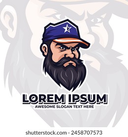 Vector de diseño del logotipo del hombre, hombre musculoso con barba y Ilustración vectorial de la gorra, deporte fresco de la mascota del hombre.