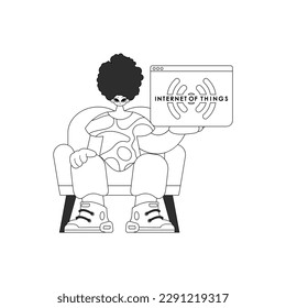 Un hombre con un logo del Internet de las Cosas, representado en un estilo vectorial lineal