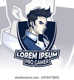 Man logo mascot, pro gamer mascot logo design illustration, boy gamer icon, with shield on background