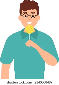 Man with lollipop. Boy with glasses holding candy vector illustration isolated on white background. Happy hipster boy. Feelings of joy pleasure vacation. Unhealthy sugary snack.