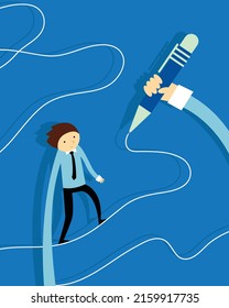 Man with long arm draws a line with a pen