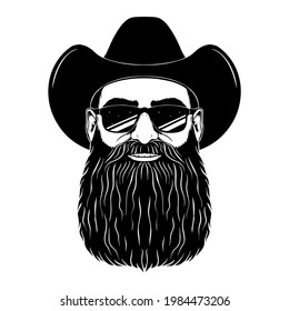 A man with a long beard in sun glasses and a cowboy hat. Clipart vector svg