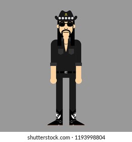 Man with long black hair, cowboy hat, sunglasses, mustache, black shirt, black jeans and long boots. Editable vector flat design. Suitable for motion asset and avatar. 