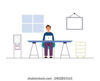 A man in a long blue t-shirt is sitting working on his laptop in the office overtime alone. Character design. Vector flat illustration