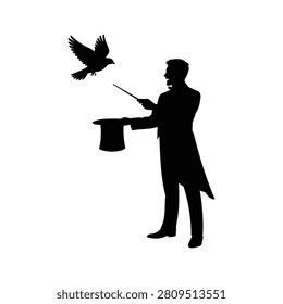 Man in a long coat holding a magic wand and a hat with a flying bird