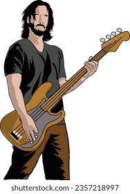 a man with long hair and a beard playing bass guitar