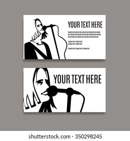 Man with long hair is singing in microphone. Card template.