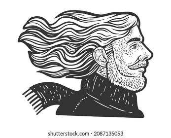 Man with long hair in wind sketch engraving vector illustration. T-shirt apparel print design. Scratch board imitation. Black and white hand drawn image.