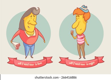 The man with a long hairs and a bunch of flowers in a red shirt and blue jeans. The redheaded hipster man with cup of coffee in a blue hat and striped shirt.