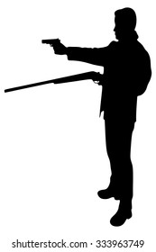 Man with long leather jacket and rifle -gun