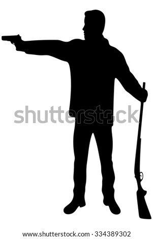 Man with long leather jacket and rifle -gun
