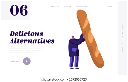 Man with Long Loaf Website Landing Page. Tiny Male Character Holding Huge French Bread. Bakery Production, Fresh Bread for Breakfast, Yummy Food Web Page Banner. Cartoon Flat Vector Illustration