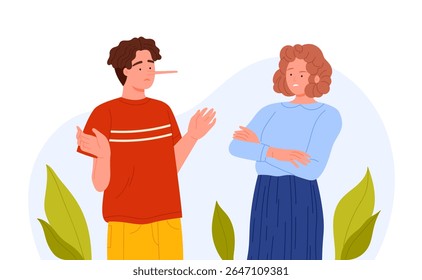 Man with long nose lying to skeptical woman, isolated on white background, concept of deception and manipulation vector illustration