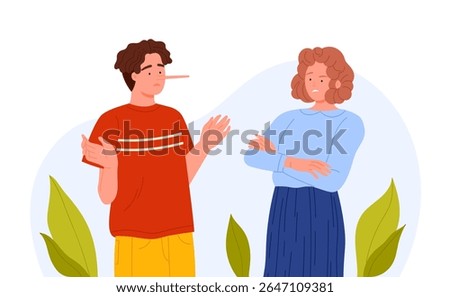 Man with long nose lying to skeptical woman, isolated on white background, concept of deception and manipulation vector illustration