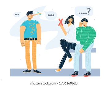 Man with a long nose, Pinocchio. Three people communicate. Myths facts. Fake news concept. Vector cartoon illustration on white background