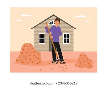 The man in a long purple T-shirt is sweeping and cleaning the fallen leaves in front of the house on an autumn evening. Character design. Vector flat illustration