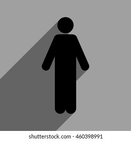 Man long shadow vector icon. Style is a flat man black iconic symbol on a gray square background with longshadow.