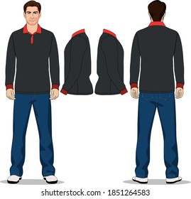 man long short polo t-shirt red, gray and jeans pants blue