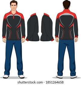man long short polo t-shirt red, gray and jeans pants blue