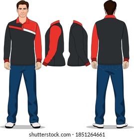 man long short polo t-shirt red, gray and jeans pants blue
